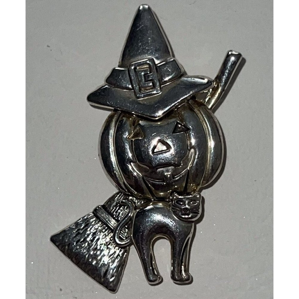 Vtg MJ Signed Silver Gold Tone Metal Jack O'Lantern Brooch Pin Pendant Halloween